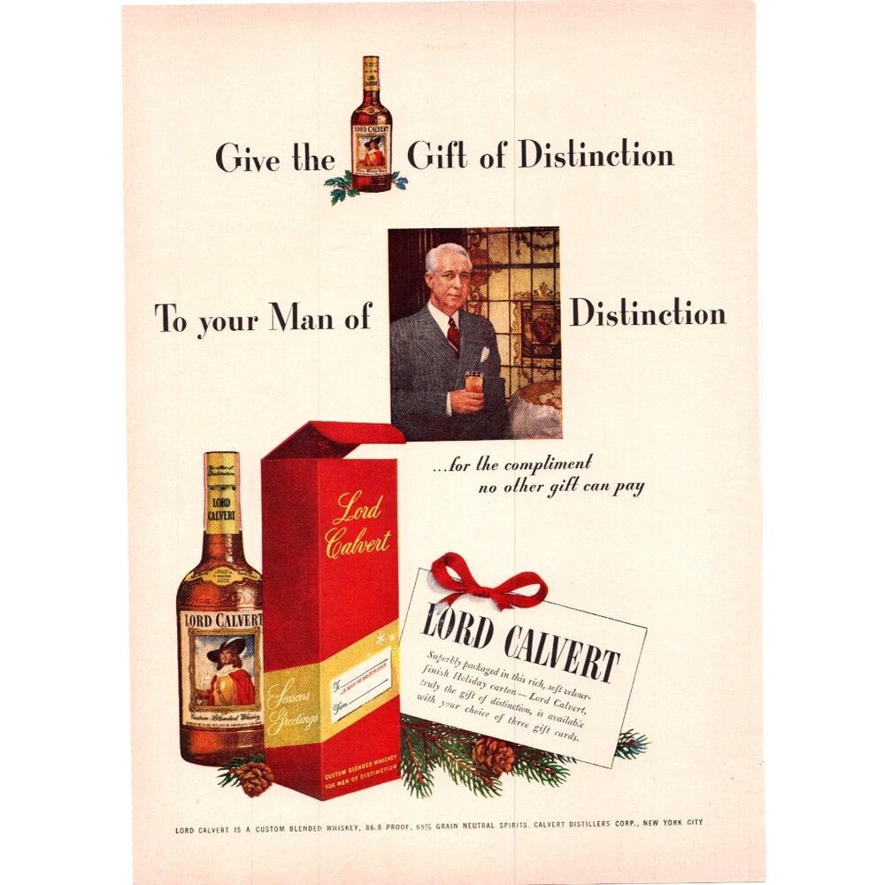 1949 Lord Calvert Whiskey Vintage Print Ad Gift Man of Distinction 40s Wall Art